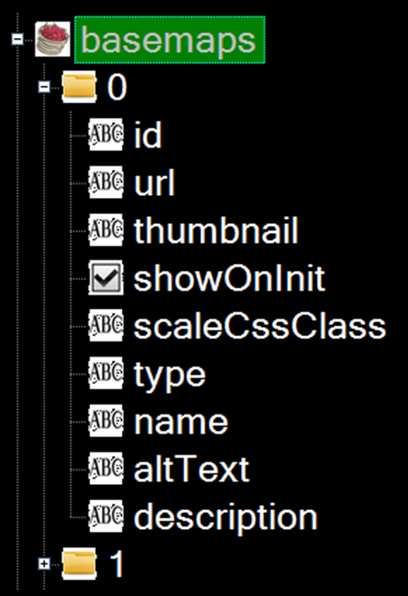 The default structure of each entry in the basemap array in the JSON configuration file Basemap Config Screenshot